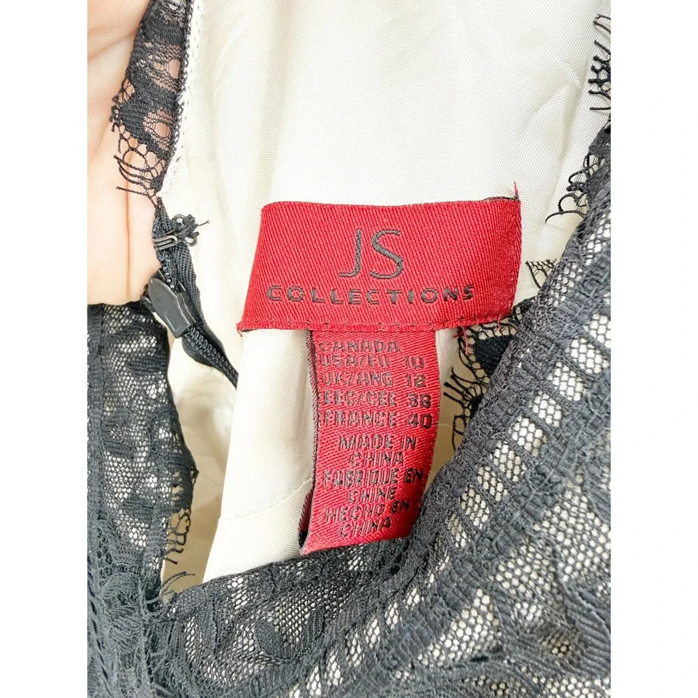 JS Collections Black Lace Satin Tiered V-Neck Cocktail Dress Size 10 Evening